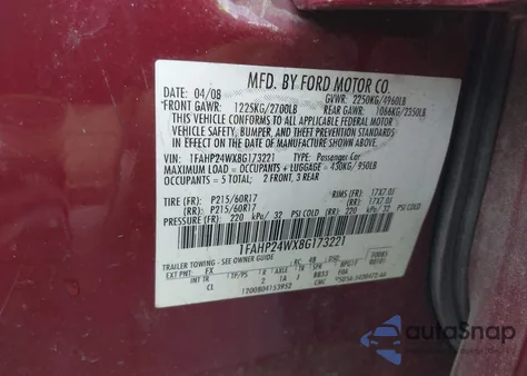 2008 Ford Taurus Sel z USA, uszkodzony, nr VIN 1FAHP24WX8G173221